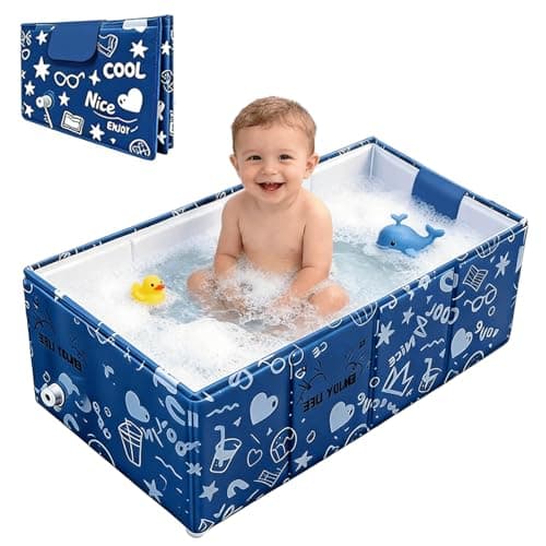 Baby Bathtub, 5-Layer Anti-Tear Foldable Toddler Bath Tub with Padded Bottom Drain Plug, Portable Collapsible Baby Bath for Travel, Shower, Sink, Indoor & Outdoor, 6 Months to 5 Years