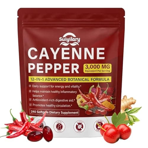 Cayenne Pepper Capsules, Capsaicin Supplements, Supports Leg Vein, Heart and Blood Vessel Health, 12-in-1 Extracts blend Vitamin E D3+K2, Grape Seed, Hawthorn, Beetroot, Berberine, 240 Softgels - Image 1