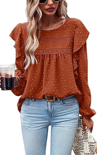 PRETTYGARDEN Women's Long Sleeve Blouses 2026 Spring Fashion Ruffle Swiss Dot Crochet Loose Fit Tunic Dressy Casual Tops Trendy (Brick Red, XL) - Image 1