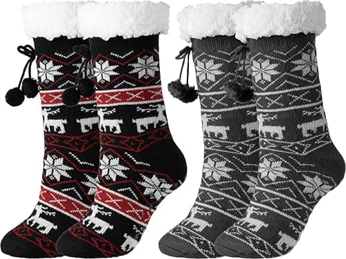 BenSorts Winter Thick Fuzzy Slipper Socks for Women Christmas Warm Cozy Grip Female Socks Slipper Non Slip Cute Wife House Sherpa Socks Holiday Gift Christmas Black Grey 2 Pairs - Image 1