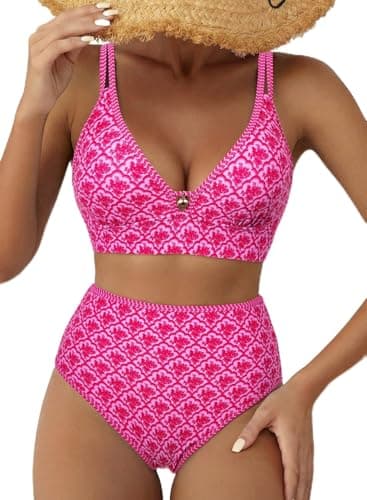 Herseas Women's Deep V Neck Bikini Sets Padded 2 Piece Swimsuit High Rise Tummy Control Bathing Suit Chic Beach Resort Essentials Zigzag Stitch Rose Scalloped Floral Small - Image 1