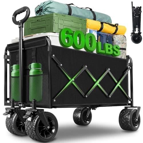 Folding Wagon Cart with All-Terrain Wheels – Heavy Duty Collapsible Utility Wagon for Grocery, Sports, Garden, Camping, Shopping (Black 600LBS) - Image 1