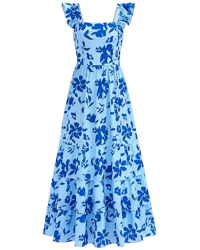 dowerme Summer Dresses for Women 2026 Casual Ruffle Smocked Tiered A-Line Boho Floral Maxi Beach Sun Dress with Pockets(Light Blue Blue Flower,Large) - Image 1