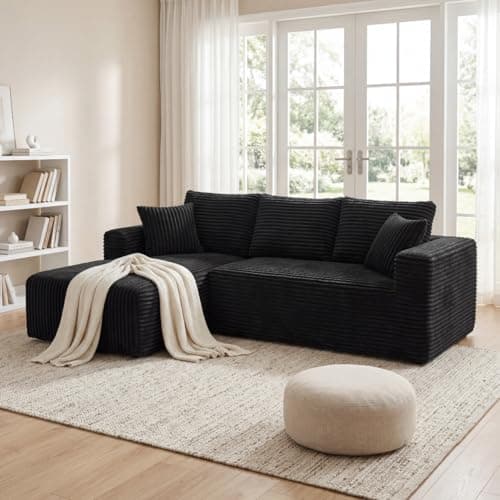 92.5" Modular Sectional Sofa, L-Shaped Cloud Couch with Deep Seats and Chaise, Upholstered Corduroy Boneless Couch for Living Room Small Space, No Need Assembly - Black(Left Facing Chaise) - Image 1