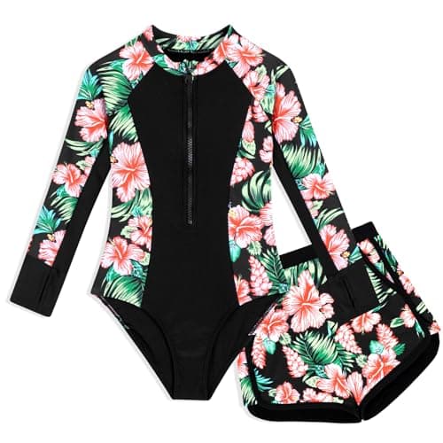 HOZIY Girls One Piece Swimsuit Long Sleeve Zipper Rash Guard Sets Kdis Bathing Suits with Shorts Summer Swim Suits Size 6-7 Black Floral - Image 1