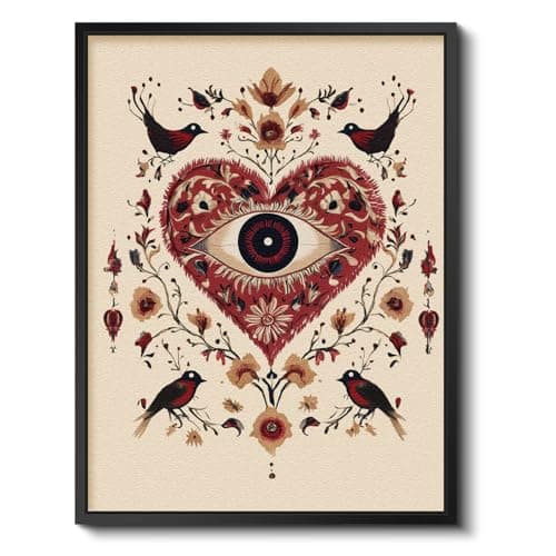 WHASAYART 3D Stacked Double-Panel Sandstone Heart With All Seeing Eye Halloween Gothic Wall Art, 12x16 Black Metal Frame Folk Art Birds Florals, Mystical Occult Living Room Bedroom Witchy Home Decor - Image 1