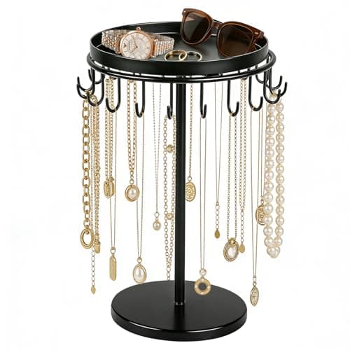 Himake Necklace Holder Metal Jewelry Organizer Stand, Necklace Organizer Hanger with Tray & Hooks for Desk, Jewelry Holder for Necklaces Bracelets and Keychains, Elegant Home Hanging Decor - Black - Image 1