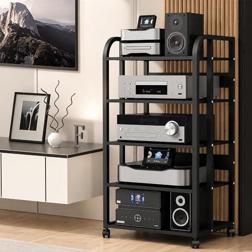 OVZXSD 5-Tier Av Media Stand with Wheels, Audio Tower Rack with Adjustable Shelves, Stereo Racks and Stands with Storage Shelves, Media Console for Home, Office, Theater, Black - Image 1