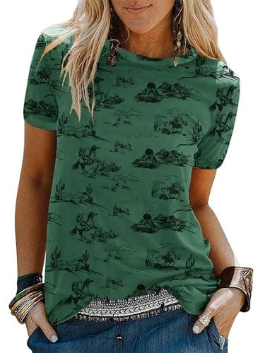 Women's Western Graphic Tees Summer Short Sleeve Rodeo T Shirts Crew Neck Casual Cute Cowgirl Tops Outfits Green
