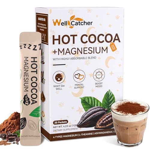 Wellcatcher Nighttime Sleep Hot Cocoa with Magnesium: Mushroom Hot Chocolate Powder with Ashwaganda Lion's Mane Reishi Support Healthy Mood Sleep, Melatonin-Free Vegan Organic Non-GMO 20 Servings