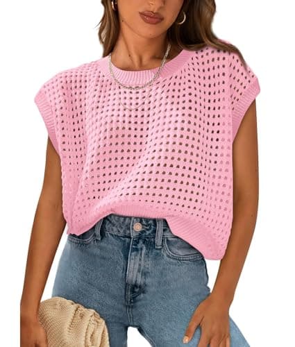 YOCOKIS Womens Crochet Tops Cap Sleeve Summer Sweater Crew Neck Beach Cover Ups Lightweight Knit Pullover Pink - Image 1