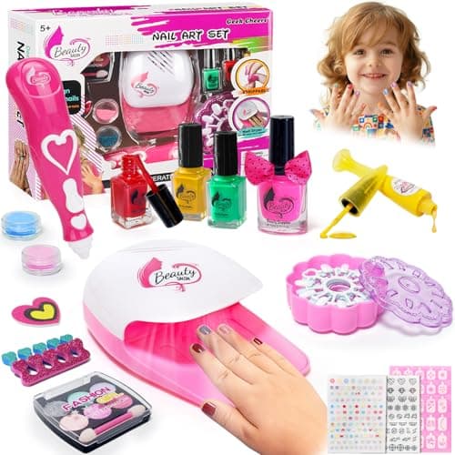 Geek Cheers Kids Nail Polish Set for Girls, All in One Nail Art Kit with Nail Dryer/ Glitter Pen/ Nail Pen/ Eyeshadow - Birthday and Christmas Gifts for Girls Ages 5-12 - Image 1