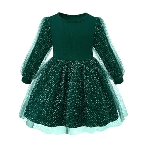 Little Bitty Girls Long Sleeve Sequin Tulle Dress Wave Pattern, Crew Neck Layered Lantern Sleeves Winter Christmas Green 5T - Image 1