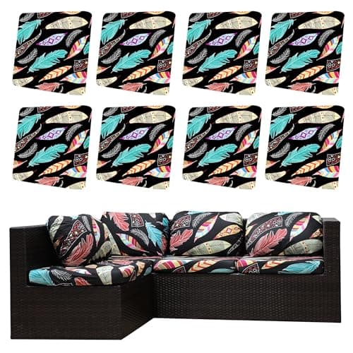 DREAHOTEXTIL 8Pcs Outdoor Cushion Covers, Patio Cushion Covers,Stretch Elastic Slipcovers, Replacement Washable & Reusable Furniture Protector for Patio Couch(Dream Feather,8PCS) - Image 1
