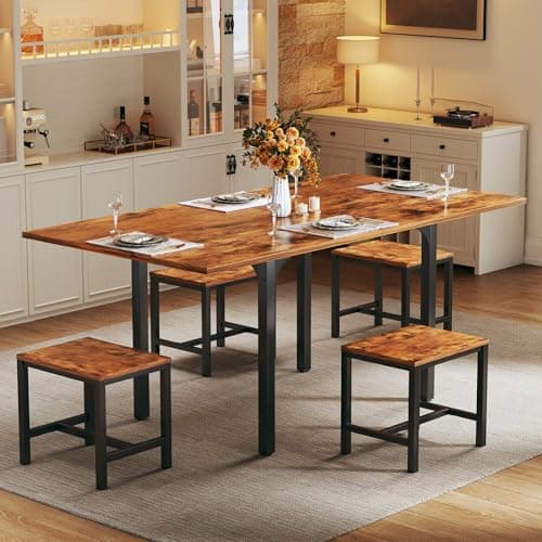 HUAHUU Dining Table Set for 4, Extendable Kitchen Table Chairs Set of 4, Rectangle Dining Table with Metal Frame & MDF Board, Folding for Small Apartment Saving Space, Rustic Brown
