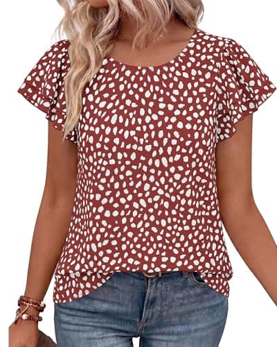 Zenlonr Womens Short Ruffle Sleeve Tops, 2026 Crewneck Leopard Shirts,Summer Casual Blouses for Work,Going Out&Daily Wear(Dot Wine Red White,Small) - Image 1