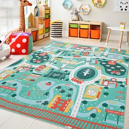 UKISS Educational Play Rug,55"x55" Traffic Road Kids Car Mat,Non-Slip Washable City Kids Play Mat,Area Rug Kid Carpet for Playroom Living Room Nursery Room Decor,Green
