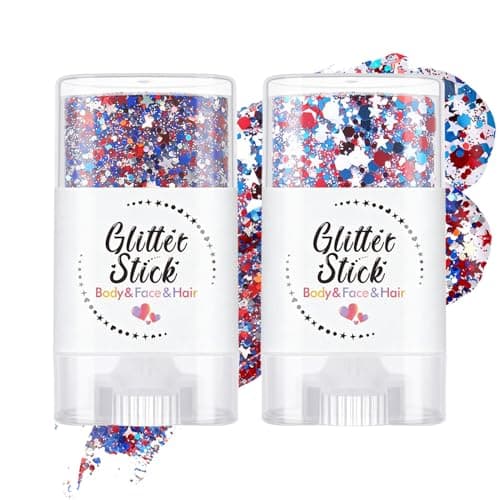 2Pcs Red White and Blue Glitter Stick, 4th of July Glitter Stick, Face Glitter, Patriotic Accessories, Fourth of July Decorations, American Flag Makeup for 250th Independence Day, Rave Accessories