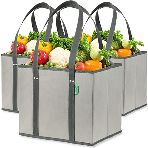Creative Green Life Reusable Grocery Bags (3 Pack) – Heavy Duty Reusable Shopping Bags with Box Shape to Stand Up, Stay Open, Fold Flat – Large Tote Bags with Long Handles & Reinforced Bottom (Gray)