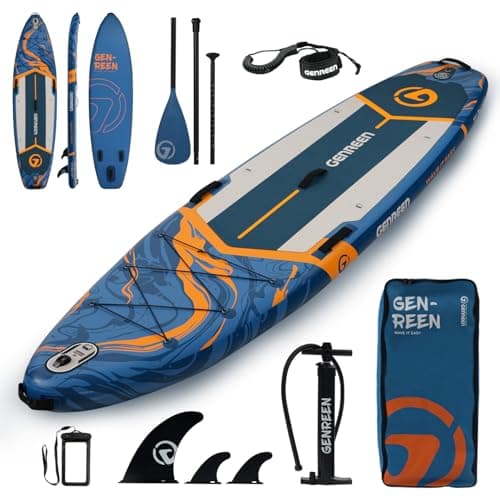 GENREEN Stand Up Paddle Board SUP Inflatable Paddleboard Newly Improved Quality Inspection5 Ultra Stable 5 Grips 450LBS 3 Fins EVA 0.5cm Wide 11'34"6" for JP Customers (Ocean Blue) - Image 1