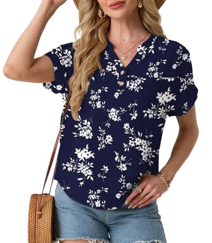 HiMONE Women’s Casual V Neck T Shirts Short Sleeve Loose Fit Summer Tops Textured Button Front Blouse Trendy Rolled Sleeve Tunic Tops - Image 1