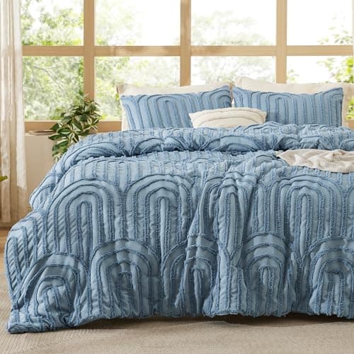 Bedsure Boho Tufted Blue Comforter Set Queen Size, GentleSoft™ 3 Pieces Boho Farmhouse-Style Decor Bedding, Arch Bedding for All Seasons, 1 Bed Comforter, 2 Pillow Shams, 90x90 Inches