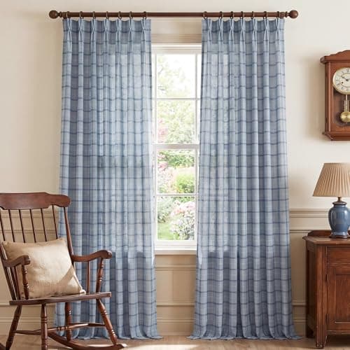 NICETOWN Dusty Blue Plaid Curtains 2 Panels 40x84, Linen Blend Light Filtering Privacy Drapes, Minimalist/Coastal Farmhouse Rope Check Pinch Pleated Window Treatments for Bedroom, Hooks Included - Image 1
