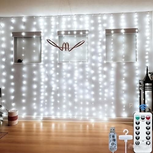 AurNyvaMay 300LED Fairy Curtain Lights, 9.8x9.8Ft Warm White USB Plug in 8 Modes & Timer Christmas String Hanging Lights with Remote for Bedroom Indoor Outdoor Weddings Party Wall Decorations(White) - Image 1