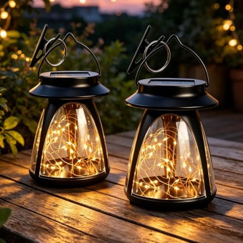2 Pack Solar Lantern Outdoor Waterproof Hanging Lights with Clip, Flickering Warm Garden Decor, Gifts for Women Mom Solar Lights Outside, Solar Powered Lantern for Patio Yard Porch Pathway Lawn