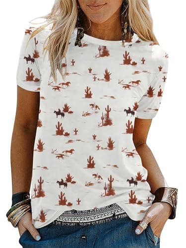 Women's Western Graphic Tees Summer Short Sleeve Rodeo T Shirts Crew Neck Casual Cute Cowgirl Tops Outfits White - Image 1