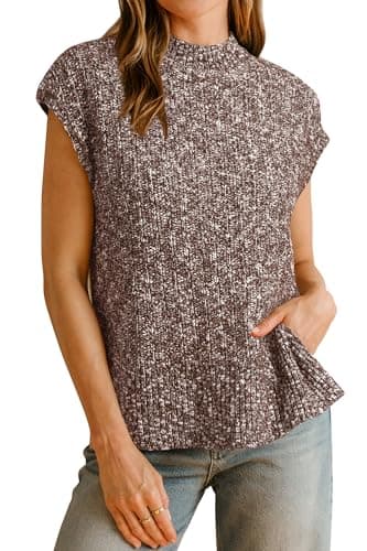Arach&Cloz 2025 Women's Fashion Summer Fall Cotton Blend Cap Sleeve Sweater Vest Knit Side Slit Mock Neck Sleeveless Formal Tops Cute Casual Trendy Clothes Teacher Outfits Clothing White Brown S - Image 1