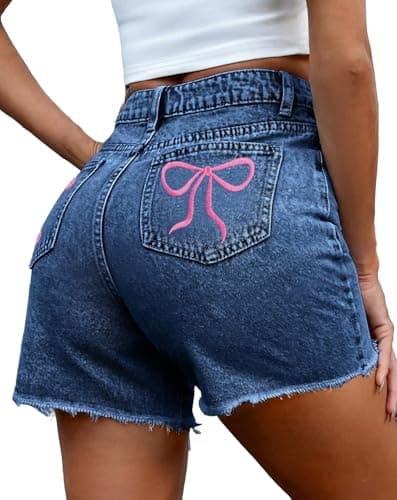 Pink Queen High Waisted Denim Shorts for Women 2026 Casual Star/Bow Frayed Hem Summer Hot Short Jeans with Pockets Dark Blue L - Image 1