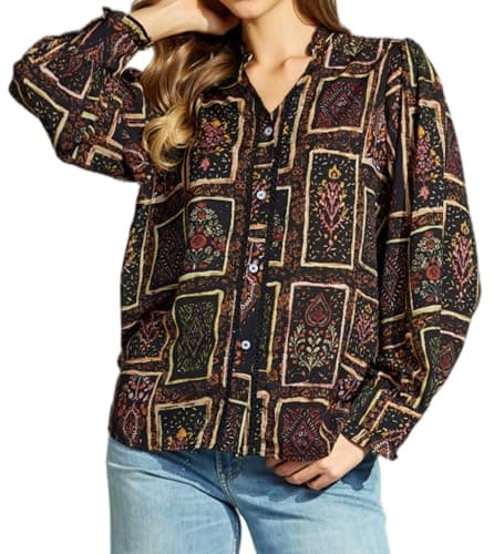 Women's 2026 Casual Spring Summer Long Puff Sleeve Button Down Up Ruffle V Neck Black Floral Printed Sheer Tunic Trendy Lightweight Boho Beach Vocation Dating Office Blouse Shirt with Lace Trim Top - Image 1