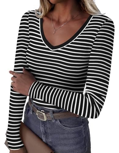 GKBK Womens 3/4 Sleeve Scoop Neck Tops Ribbed Knit Slim Fitted Casual Basic Tee Shirts 2026 Summer Fashion Trendy Work Casual T-Shirt Undershirts Layering Clothes Black White Stripe L - Image 1