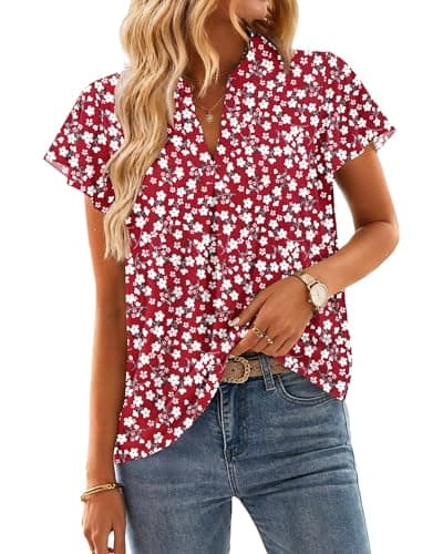 AUSELILY Blouses for Women Dressy Casual V Neck Womens Summer Tops Short Sleeve Blouses 2026 New Red Floral L - Image 1