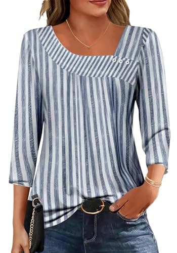 Dimur 3/4 Length Sleeve Womens Tops Asymmetrical Neck Stripes Print Top Ladies Blouses Resort Wear for Women 2026 X-Large - Image 1