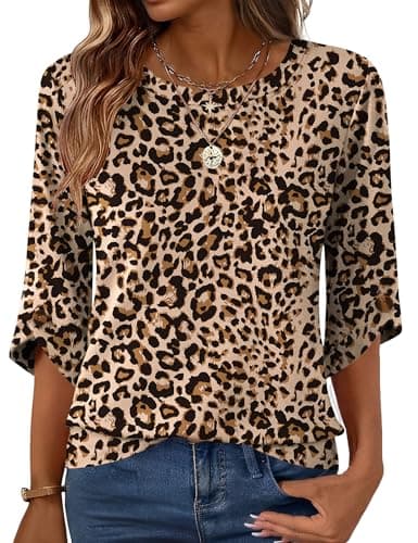 Blingfit Leopard Blouses Dressy Casual Crewneck Tunic Shirts 3/4 Length Sleeve Womens Cute Going Out Tops XL - Image 1