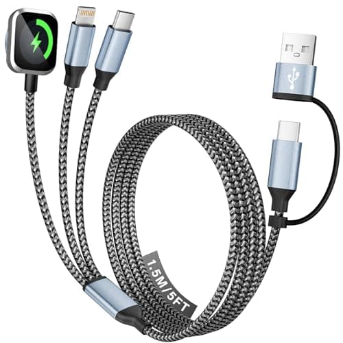 Travel 3 in 2 Charging Cable for iWatch Charger, Travel Essentials UB-A/USB-C Multi Charging Cable/Cord for All Devices Compatible for iWatch Ultra/SE/10-1, iPhone16 15 14, Android-5FT - Image 1