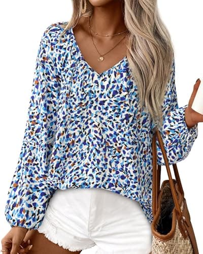 Zenlonr Womens Fall Tops Dressy Casual 2025 V Neck Satin Silk Printed Shirts Boho Long Sleeve Work Blouses(White Blue Flower,Small) - Image 1