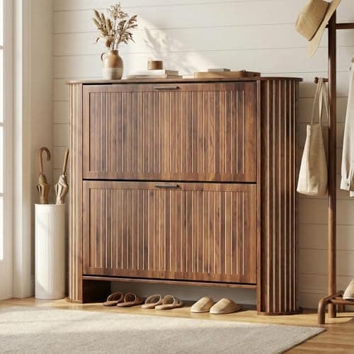 zofiauai Narrow Shoe Storage Cabinet for Entryway, Slim Fluted Shoe Cabinet with 2 Flip Drawers, Wood Hidden Shoe Rack Organizer for Entry Way, Entrance, Foyer, Hallway, Walnut, Wooden, Thin - Image 1
