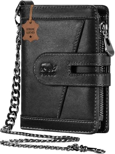 Genuine Leather Chain Wallets for Men: RFID Blocking Mens Wallet with Chain Purse Bifold Zipper Coin Pocket with Anti-Theft Chain, Gift for Father Husband At Birthday - Image 1