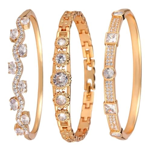 3 Pack 18K Gold Plated Bangles Bracelet Set for Women, Dainty Vintage Trendy Fashion Jewelry, Ideal Gift for Birthday Christmas Valentine's Day Mother's Day for Girlfriend Wife Mom Sister - Image 1