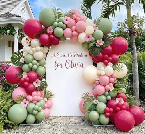 Hot Pink and Sage Green Balloon Garland Arch Kit, Double Stuffed Dusty Green Magenta & Ivory Balloon for Baby Shower, Garden Bridal Wedding, Floral Birthday, Boho Tea, Graduation,Tropical Party - Image 1