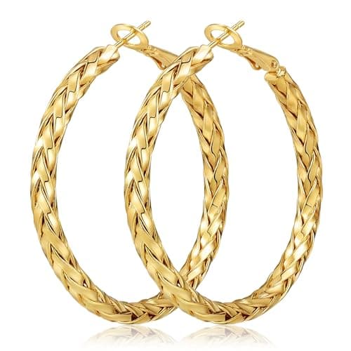 Gold Hoop Earrings, 14K Gold Plated Hoop Earrings for Women, Women's Hoop Earrings 30mm Classic Woven Design Lightweight Hypoallergenic Fashion Jewelry, Ideal Gift for Birthday Valentine Mother's Day - Image 1