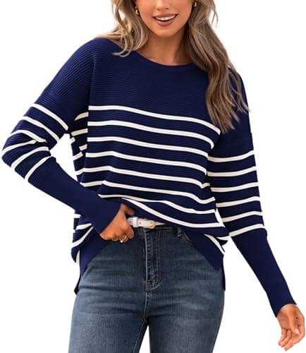 BTFBM Casual Women 2026 Fall Sweater Long Sleeve Ribbed Knit Pullover Loose Crewneck Batwing Split Sweater(Striped Navy White,X-Small) - Image 1