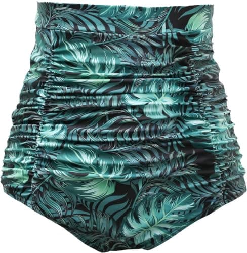 COCOPEAR Women's Ruched High Waisted Bikini Bottom Retro Vintage Swim Short Tankinis Floral 96 S - Image 1
