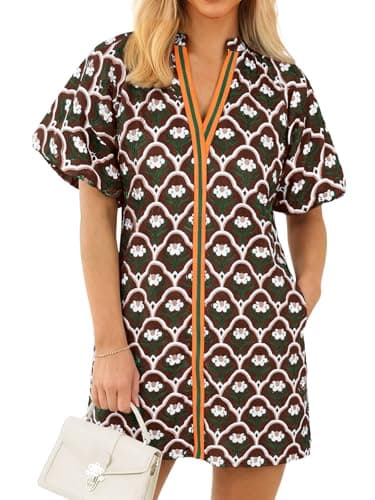 Wenrine Womens Summer Dresses Casual Floral Puff Sleeve V Neck Boho Loose Beach Mini Dress with Pockets Brown - Image 1
