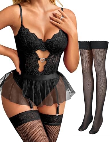 Tidouk Women's lingerie Sets Sexy Lace Lingerie Bodysuit with Detachable Mesh Mini Skirt Garter Lingerie Set(Black,Small - Image 1