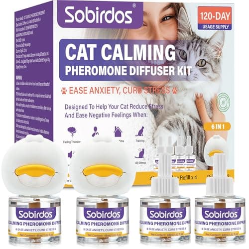 Sobirdos 6-in-1 Cat Pheromone Calming Diffuser Kit - Relieve Anxiety, Reduce Fights/Scratching, 2 Plugs + 4 Refills, 120 Days (Purple, L) - Image 1