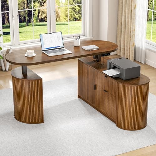 Mid Century Modern Electric L Shaped Standing Desk, 59 x 47 Inch Corner Sit Stand Up Desk with File Drawer, 2 Cabinet, Wooden Adjustable Height Computer Executive Desk for Home Office, Walnut - Image 1